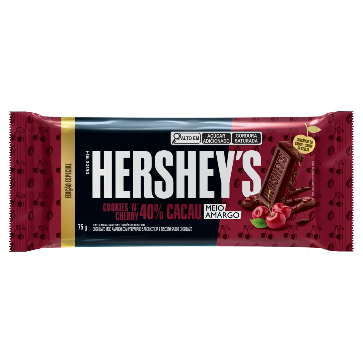 Chocolate Meio Amargo 40% Cacau Cookies 'n' Cherry Hershey's Pacote 75g