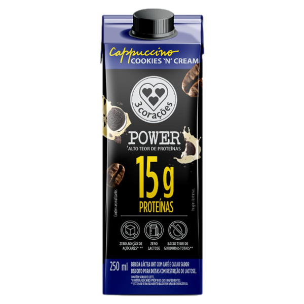 Bebida Láctea Cappuccino Power Whey 15g Cookies 'n' Cream 3 CORAÇÕES 250ml