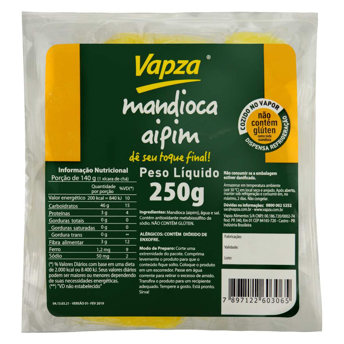 Mandioca Cozida no Vapor Vapza Pacote 250g