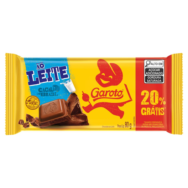 Chocolate Garoto 80g - Ao Leite - 20% Grátis