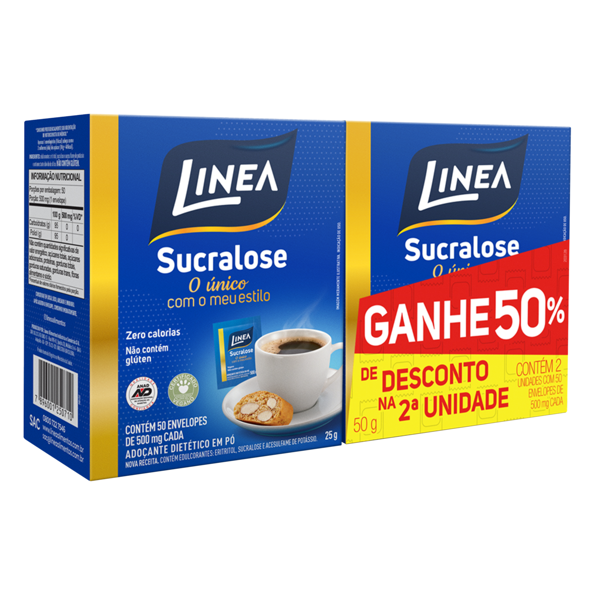 Pack Adoçante em Pó Sucralose Linea Caixa 50G 2 Unidades Grátis 50% de Desconto na 2ª Unidade