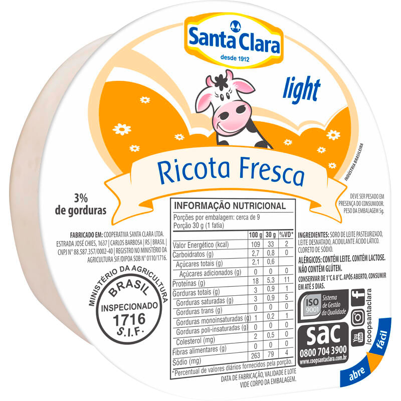 Queijo Ricota Light Santa Clara Preço por quilo na peça