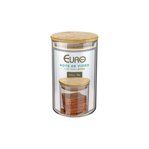 Pote Euro Slim De Vidro Com Tampa De Bambu 1l