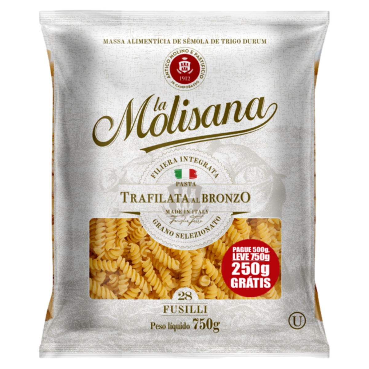Macarrão de Sêmola de Trigo Durum Trafilata al Bronzo Fusilli 28 La Molisana Pacote Leve 750g Pague 500g