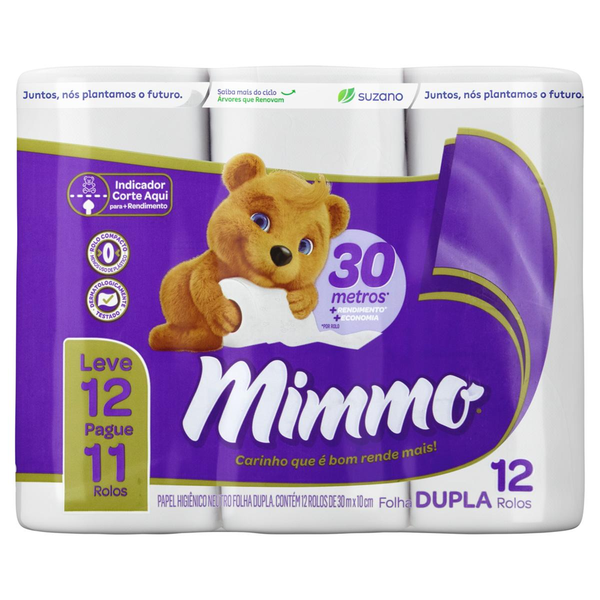 Papel Higiênico Mimmo Folha Dupla 30m com 12 Rolos
