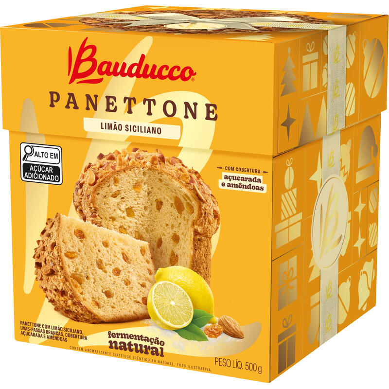 Panettone BAUDUCCO Speciale Limão Siciliano e Passas Brancas Cobertura Açucarada e Amêndoas 500g