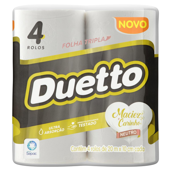 Papel Higiênico Duetto 20m - Folha Tripla - Com 4 Rolos