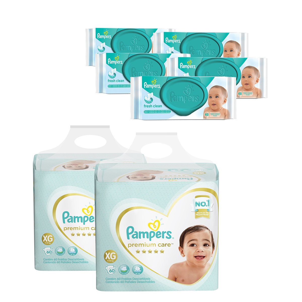 Kit de Fraldas Pampers Premium Care Jumbo XG 120 Unidades + Toalhinhas Umedecidas Fresh Clean 240 Unidades