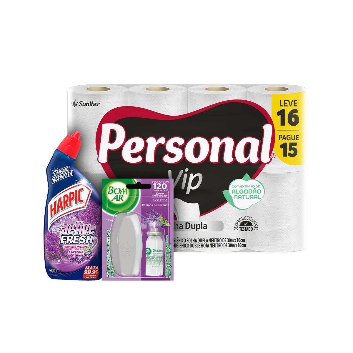Kit Papel Higiênico Folha Dupla Neutro PERSONAL Vip Leve 16 Pague 15 Unidades + Desinfetante Líquido Harpic Active Fresh Lavanda 500ml + Aromatizador Bom Ar Click Spray Campos de Lavanda Aparelho com Refil 12ml