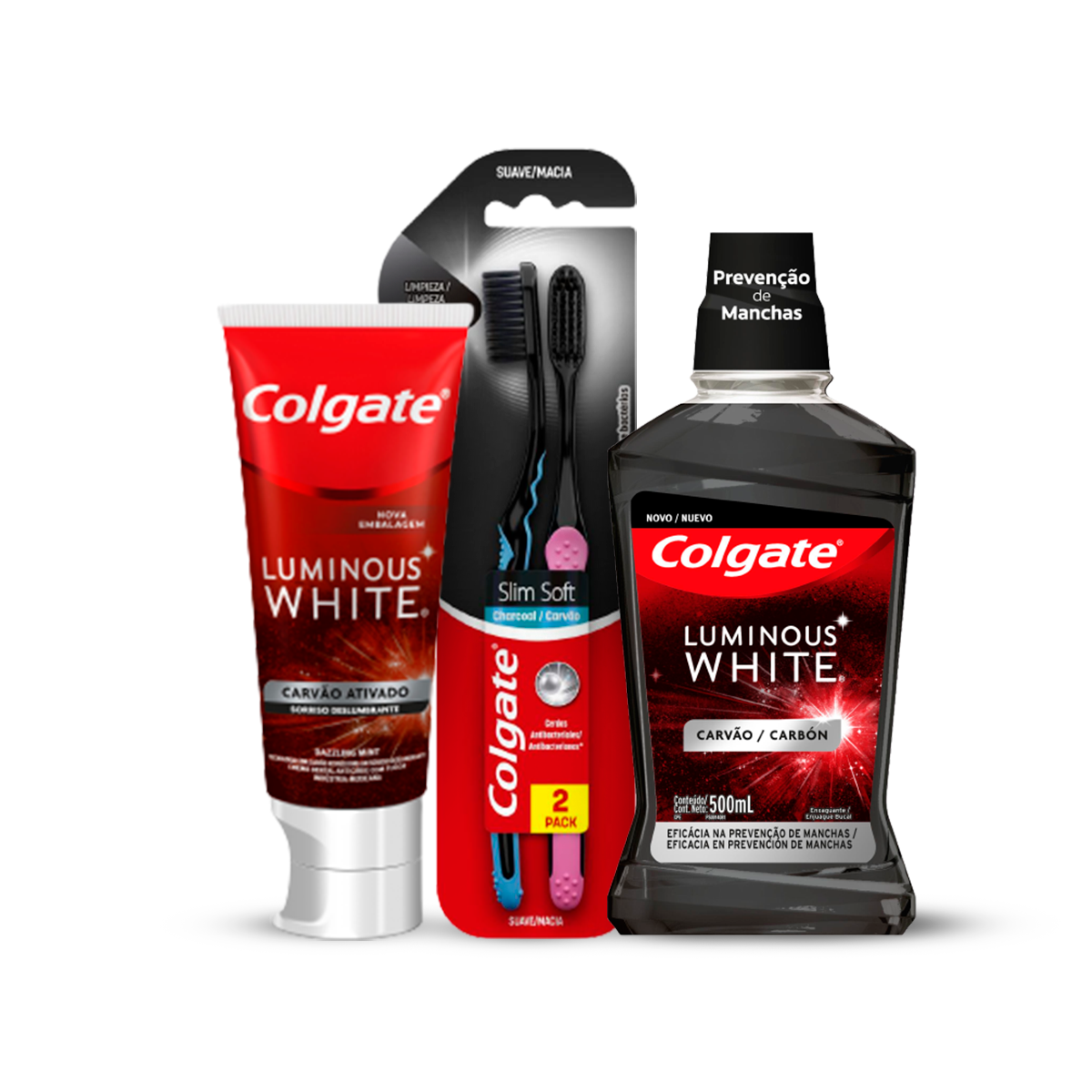 Kit Creme Dental Colgate Luminous White Carvão Ativado 70g + Enxaguante Bucal Colgate Luminous White Carvão 500ml + Escova de Dente Colgate Slim Soft Black 2 unidades