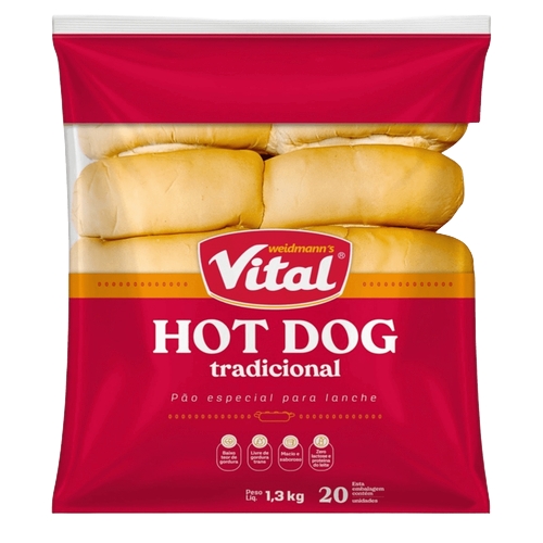 Pão Vital Hot Dog Tradicional Especial Para Lanche 1,3kg