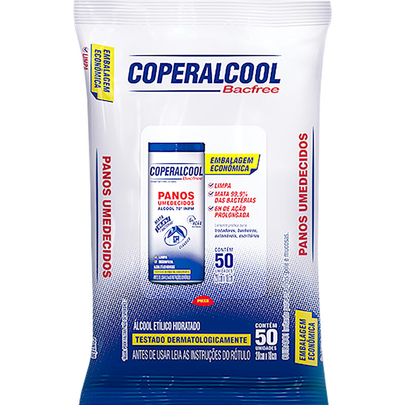 Pano Umedecido Coperalcool Bacfree Clássico álcool 70º Inpm Com 50 Unidades Embalagem Econômica