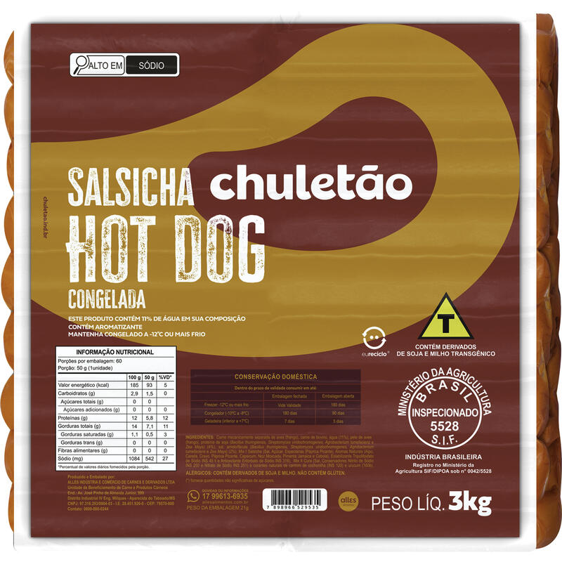 Salsicha Hot Dog Chuletão Congelada 3kg