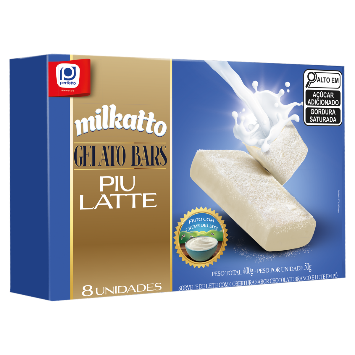 Pack Sorvete Piu Latte Cobertura Chocolate Branco e Leite em Pó Perfetto Milkatto Gelato Bars Caixa 400g 8 Unidades