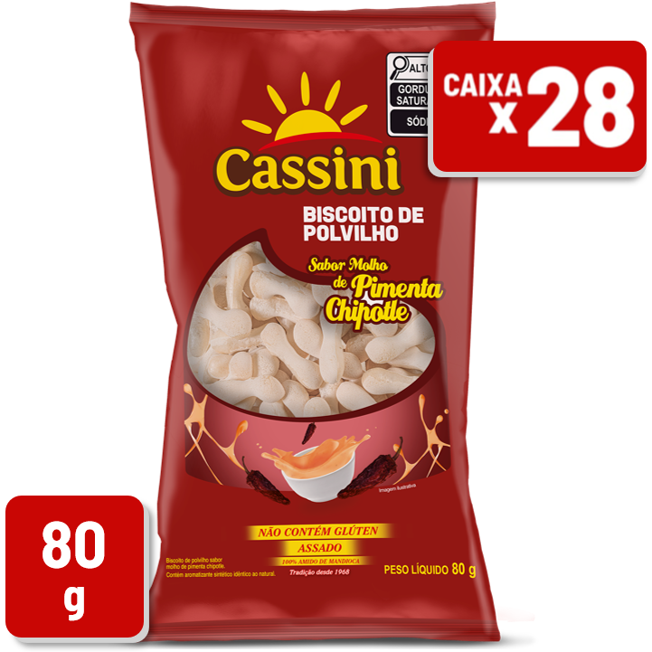 Biscoito de Polvilho Cassini Sabor Molho Chipotle Pacote 80g Caixa c/ 28 Un