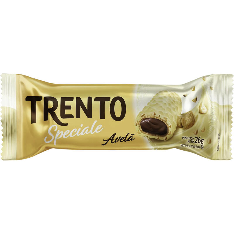 Wafer Recheio Creme de Avelã Cobertura Chocolate Branco e Pedaços de Avelã Trento Speciale Pacote 26g