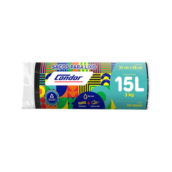 Saco para Lixo Condor 15 Litros - Com 40 Sacos - Preto
