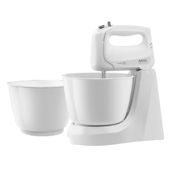 Batedeira Arno 127V - Potência de 200W - Mini Chef - 4 Velocidades - 2 Tigelas de 4 Litros - 1 Par de Batedores de Aço Inox - Branca