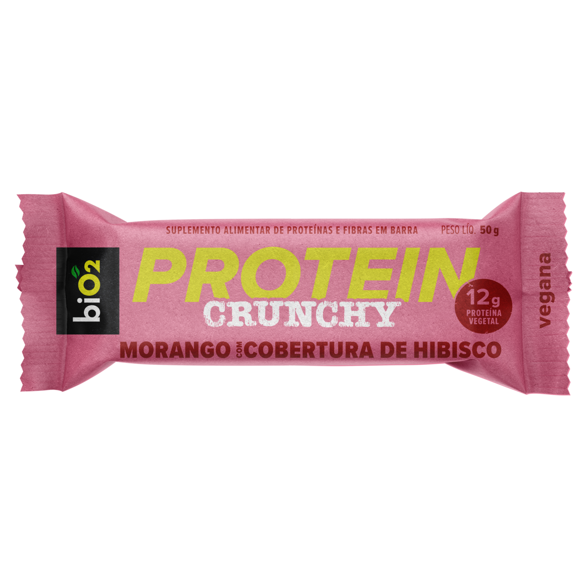 Barra de Proteína Crunchy Vegana Morango Cobertura Hibisco biO2 Protein Pacote 50g
