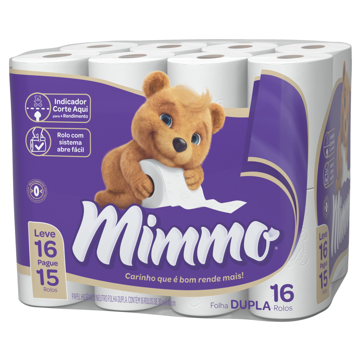 Papel Higiênico MIMMO Folha Dupla com 16 Unidades 30m cada Leve 16 Pague 15 Rolos