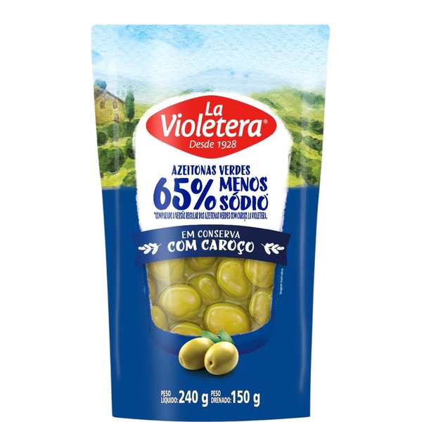 Azeitona La Violetera 150g - Verde - Com Caroço - Menos Sódio - Sachê