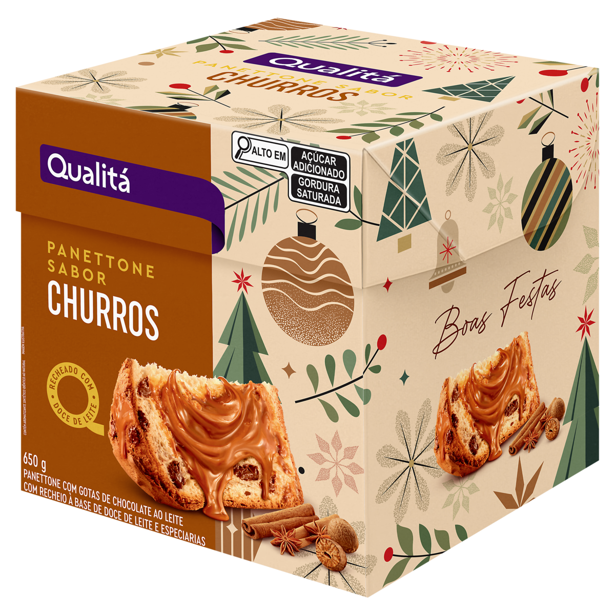 Panettone Churros com Gotas de Chocolate ao Leite Recheio Doce de Leite Qualitá 650g