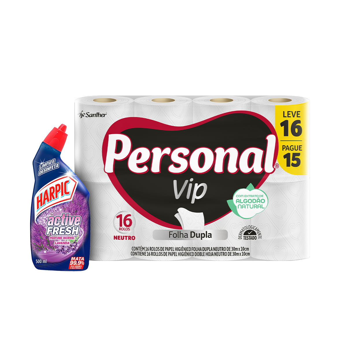 Kit Papel Higiênico Folha Dupla Neutro PERSONAL Vip Leve 16 Pague 15 Unidades + Desinfetante Líquido Harpic Active Fresh Lavanda 500ml