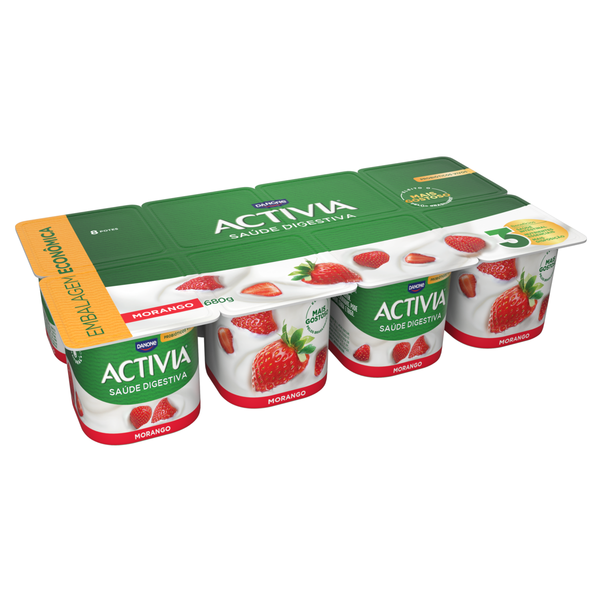 Leite Fermentado Integral Morango Activia Bandeja 680g 8 Unidades Embalagem Econômica