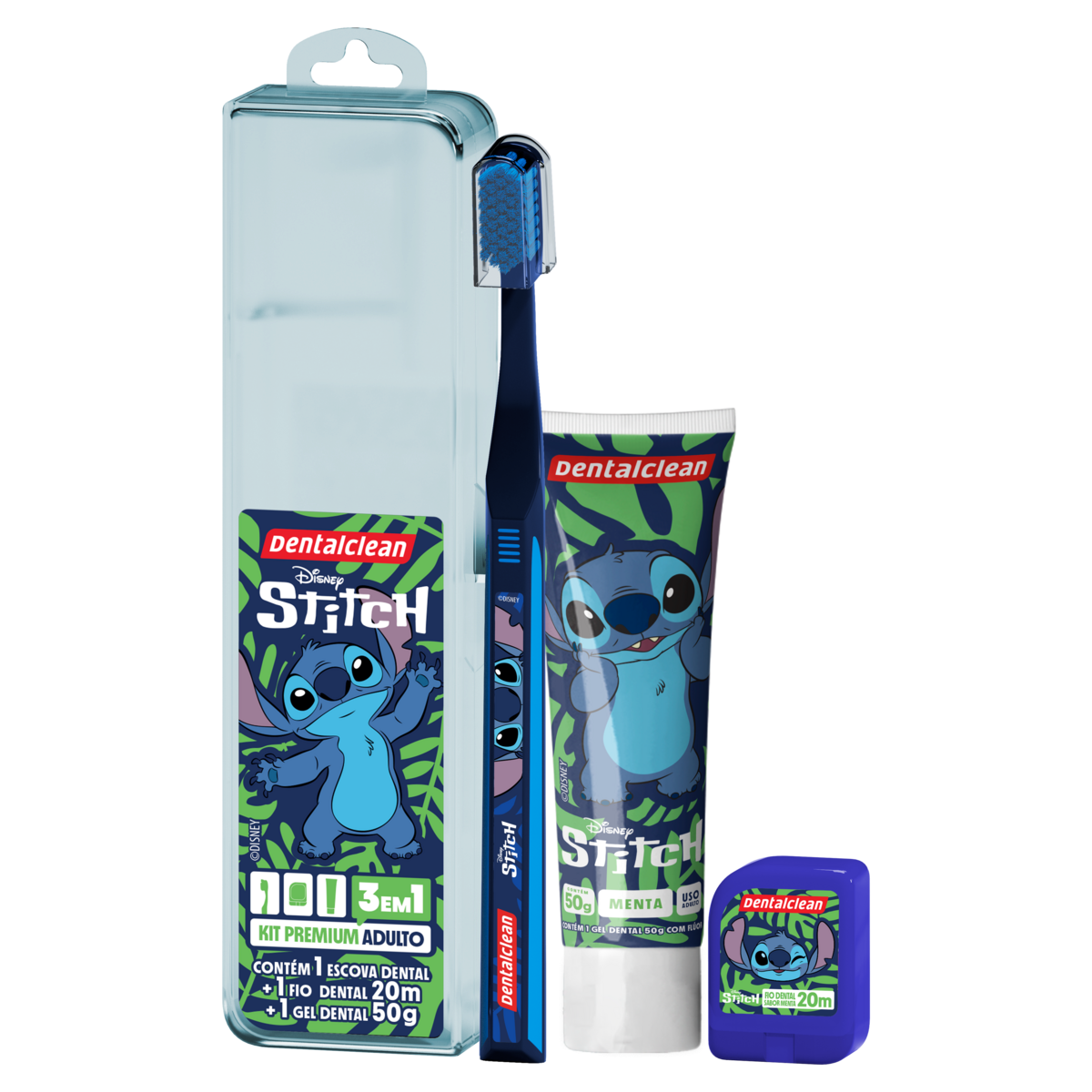 Kit Escova Dental Macia + Fio Dental 20m + Gel Dental 50g Adulto Menta Stitch Dentalclean Premium