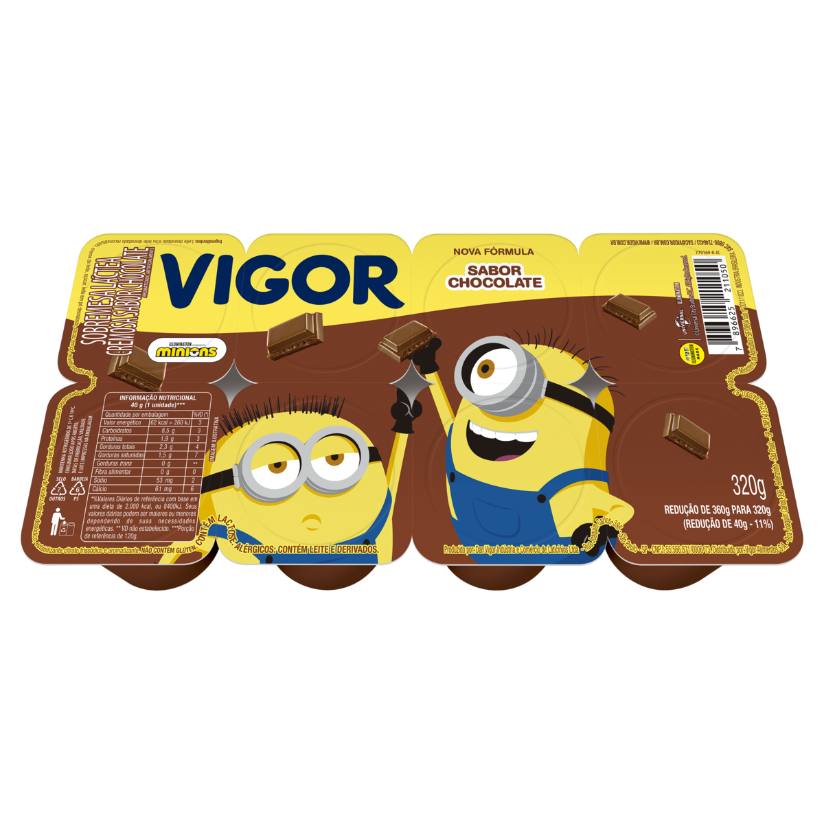 Sobremesa Láctea Chocolate Minions Vigor Bandeja 320g 8 Unidades