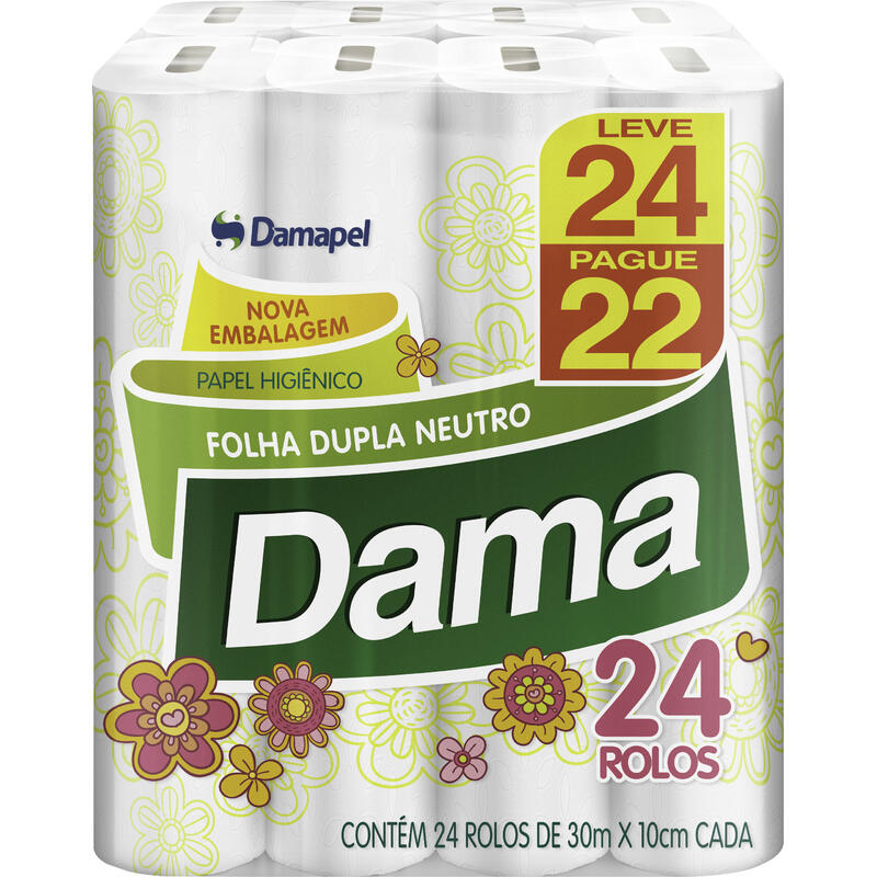 Papel Higiênico Dama Folha Dupla 30m LV 24 PG 22 rolos