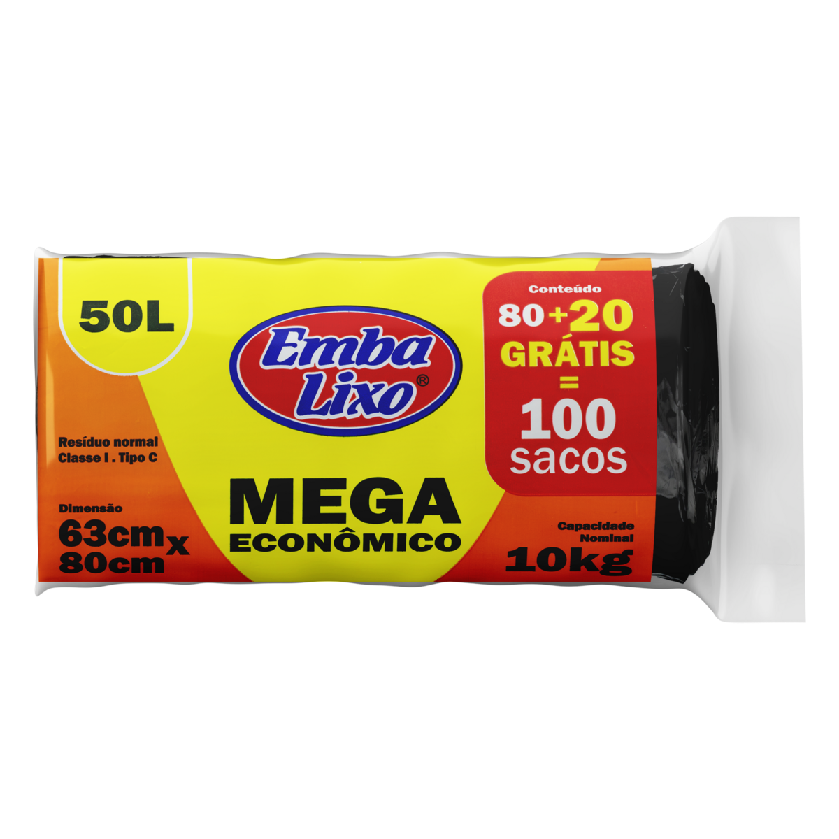 Saco para Lixo Tipo C 50l Embalixo 80 Unidades Grátis 20 Unidades Mega Econômico