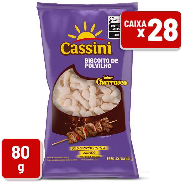 Biscoito de Polvilho Cassini Sabor Churrasco Pacote 80g Caixa c/ 28 Un