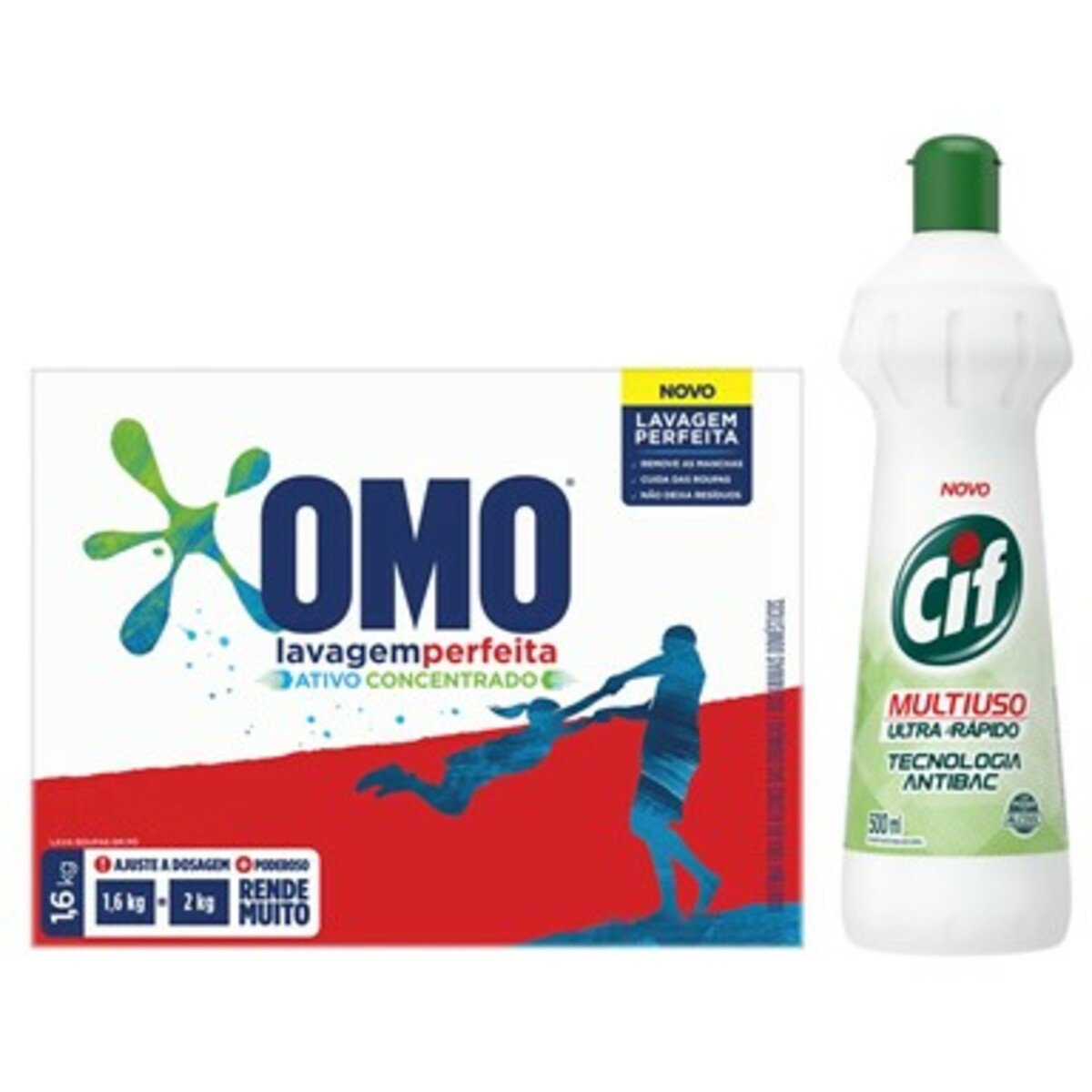 Kit com 1 Sabão em Pó OMO Lavagem Perfeita 1.6Kg + 1 Limpador Multiuso CIF Antibacteriano 500Ml.