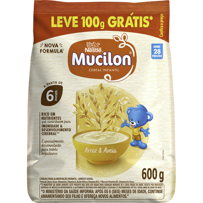 Cereal Infantil Arroz & Aveia Mucilon Pacote 600g Grátis 100g
