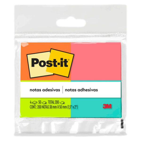 Bloco de Notas Post-it Adesivo 4 Blocos de 50 Folhas Cores Sortidas