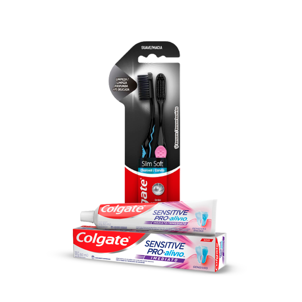 Kit Creme Dental Colgate Sensitive Pró-Alívio Imediato Gengiva 90g + Escova de Dente Colgate Slim Soft Black 2 unidades