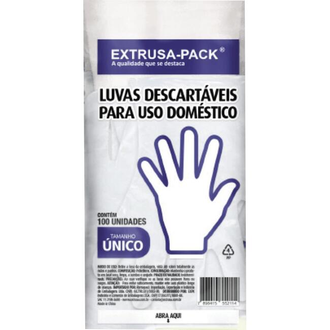 Luva Plástica Extrusa-Pack Descartável Pacote 100 un