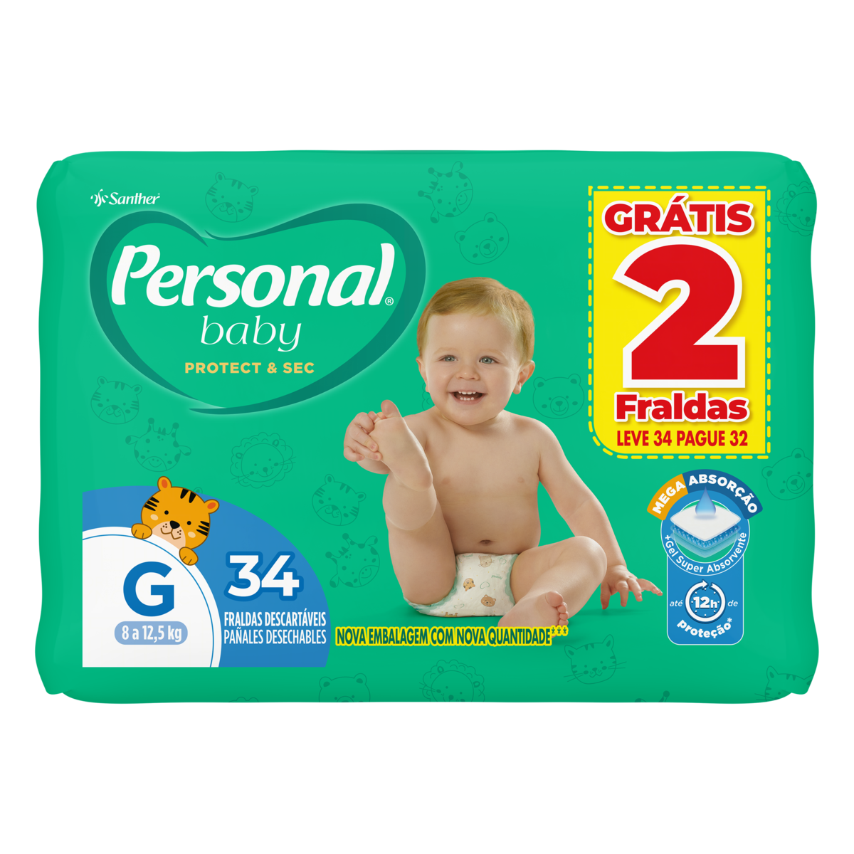 Fralda Descartável Personal Baby Protect e Sec G Pacote Leve 34 Pague 32 Unidades