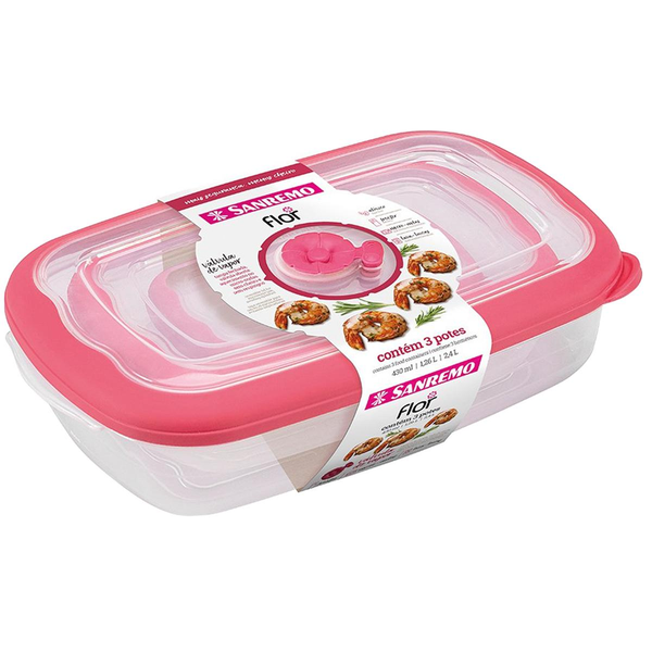 Conjunto de Potes Sanremo Retangular - Flor - Rosa - Com 3 Potes - Ref. SR722/58C