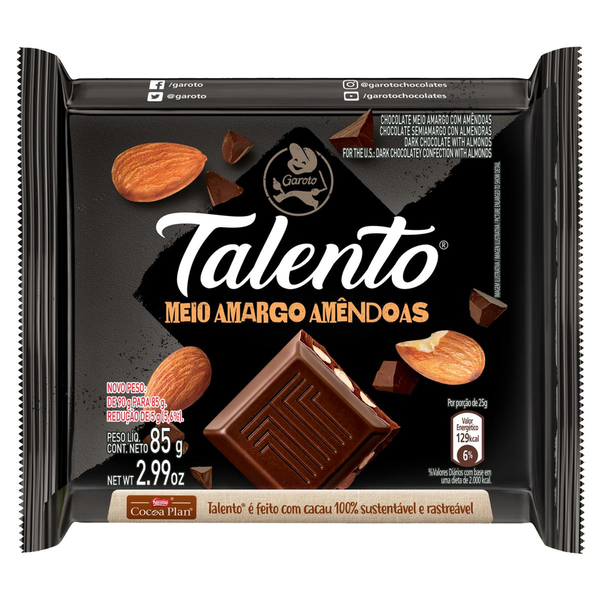 Chocolate GAROTO Talento Meio Amargo com Amêndoas 85g