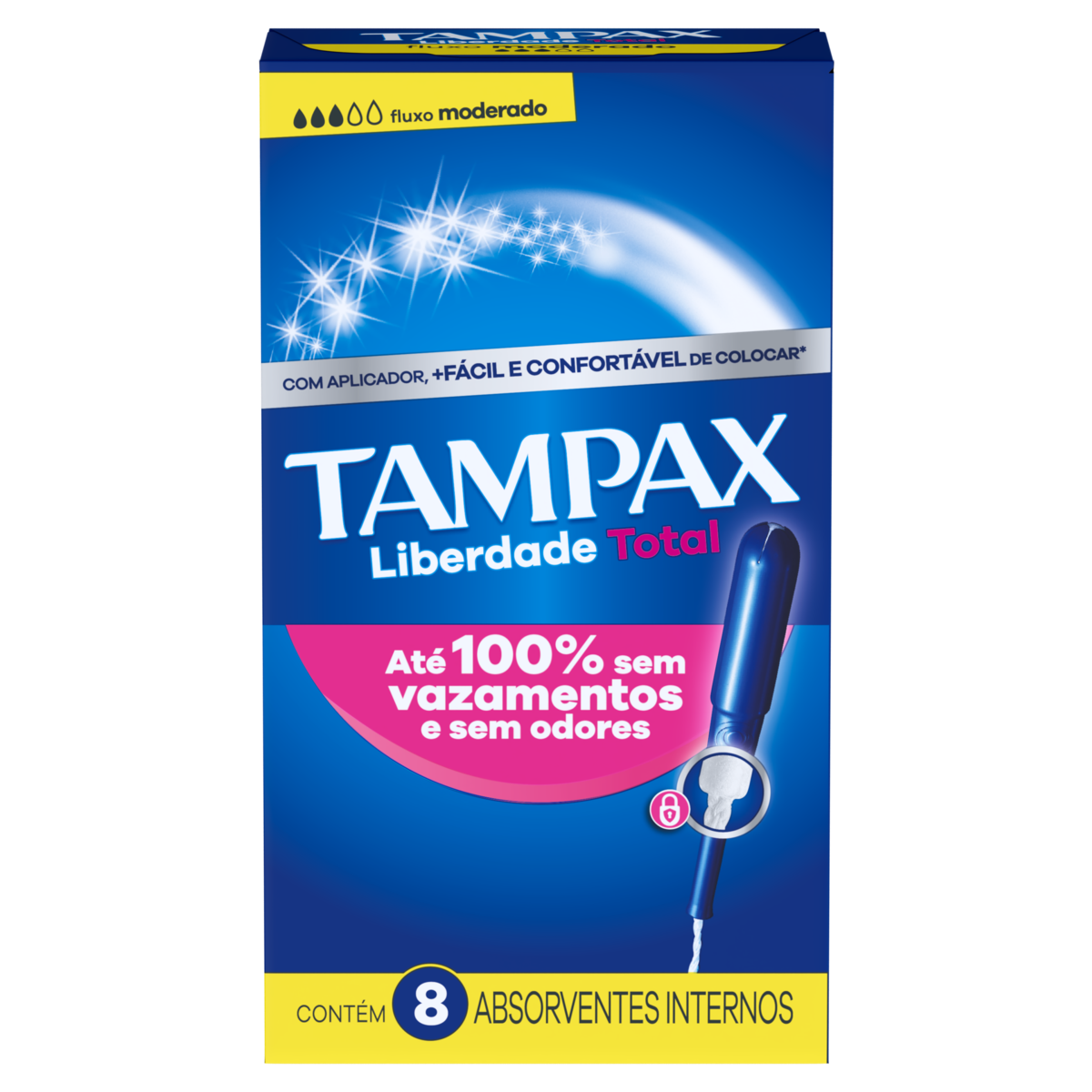 Absorvente Interno com Aplicador Fluxo Moderado Tampax Liberdade Total 8 Unidades