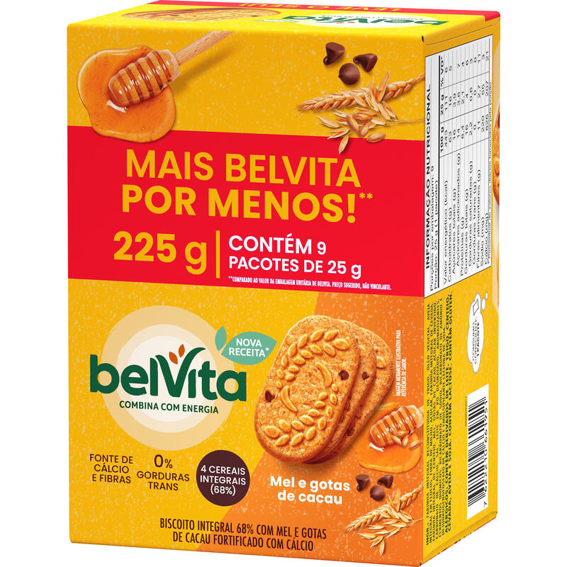 Biscoito BELVITA Mel E Cacau Pack Econômico 225g com 9 Unidades de 25g