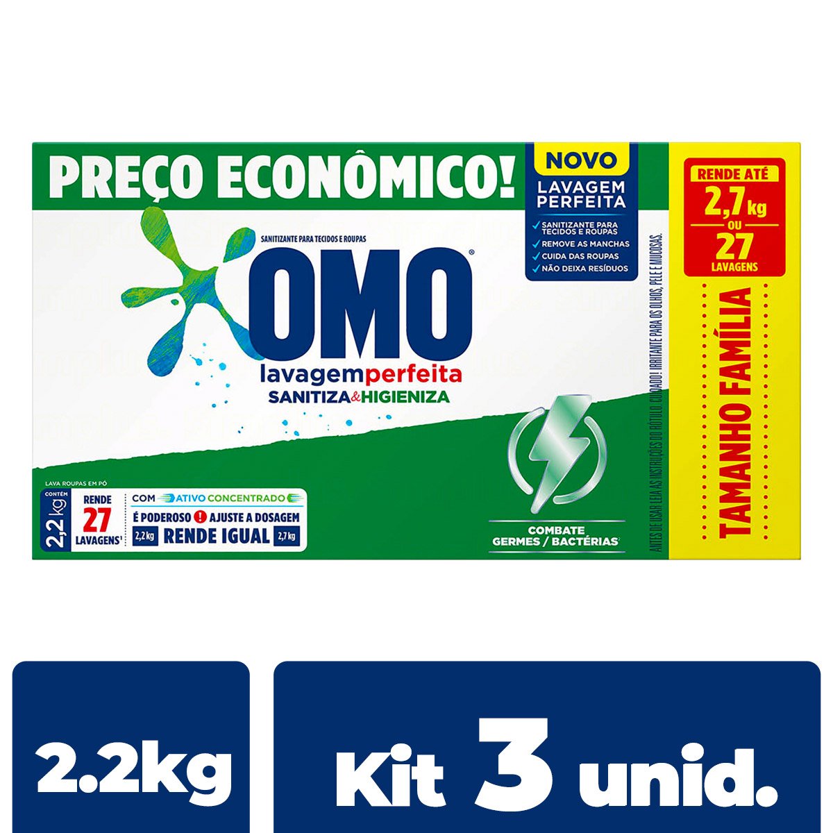 Lava-Roupas em Pó Omo Lavagem Perfeita Sanitiza & Higieniza Caixa 2,2kg Tamanho Família - 3 Unidades