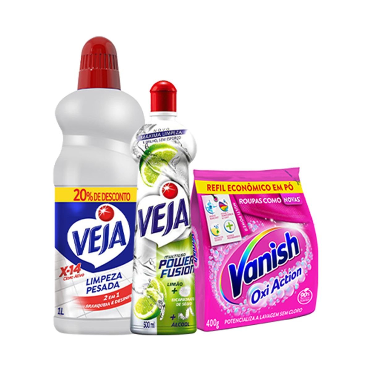 Kit Limpeza Pesada Cloro Ativo, Veja, 1L + Veja Power Fusion Limão 500ml + Vanish Multi Power Oxi Action 400g Refil