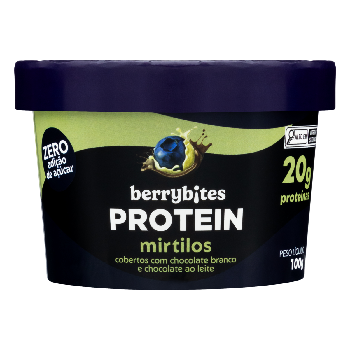 Mirtilo Congelado Cobertura Chocolate Branco e ao Leite Berrybites Protein Pote 100g