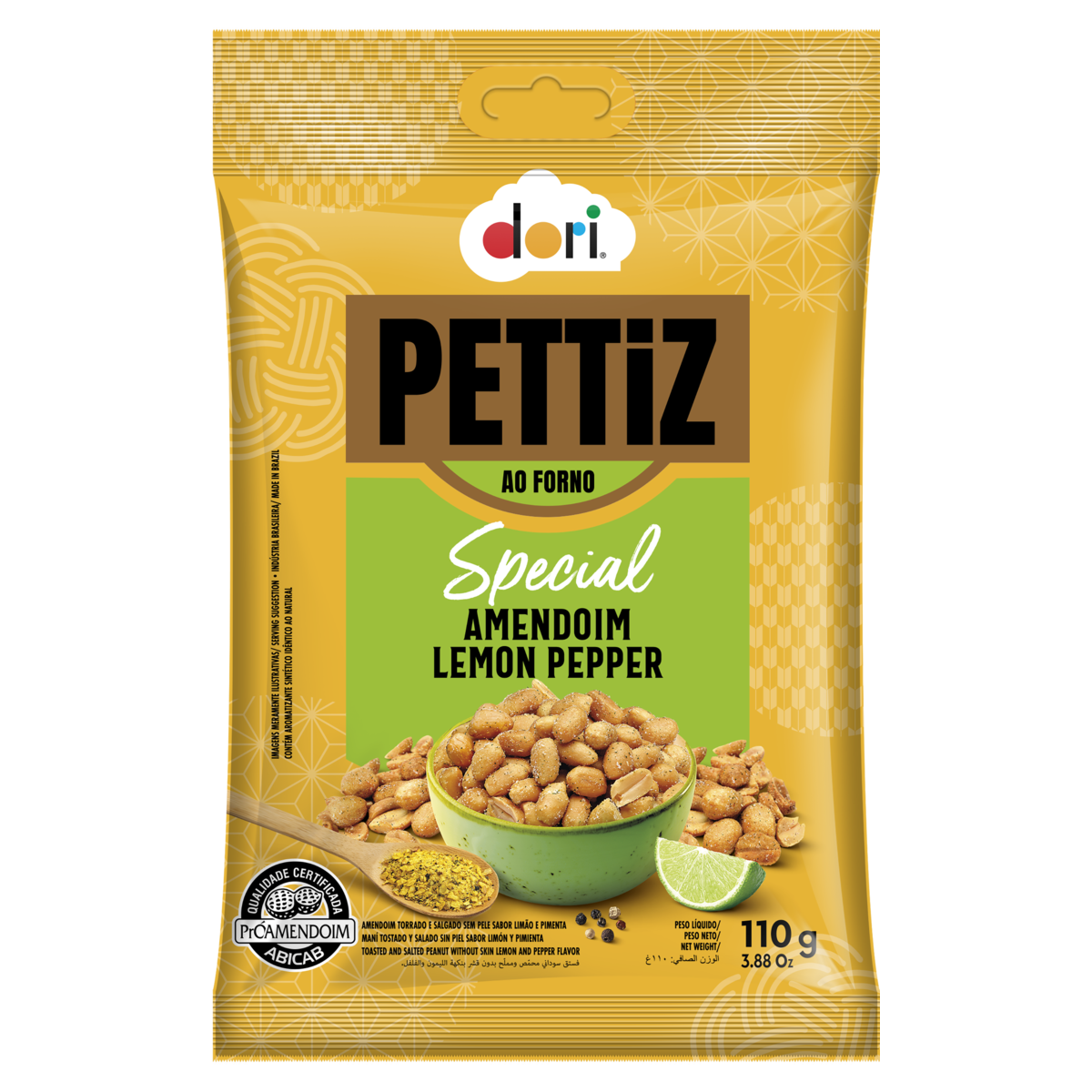 Amendoim Torrado Salgado sem Pele Lemon Pepper Dori Pettiz Special Pacote 110g