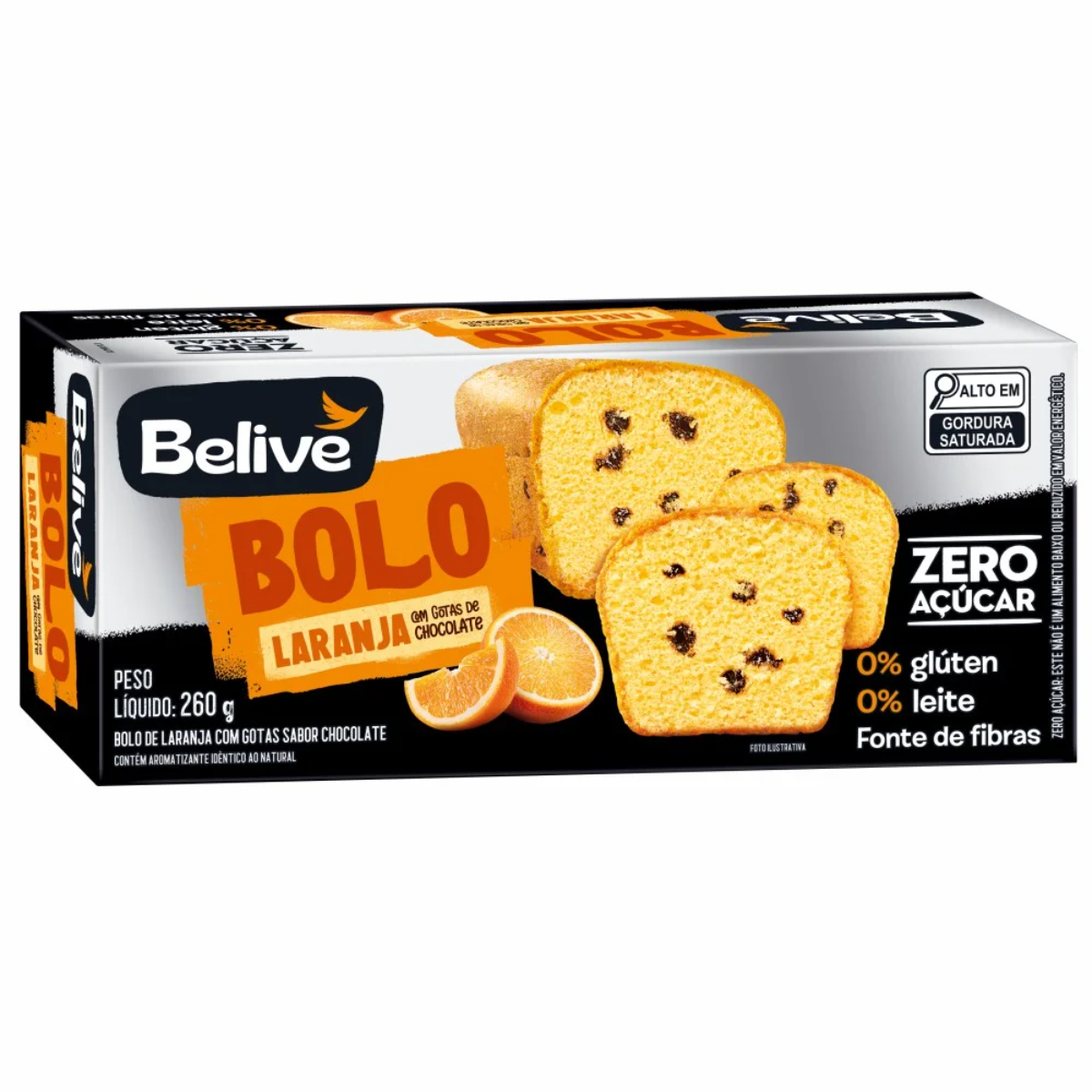 Bolo de Laranja com Gotas de Chocolate Belive Sem Glúten, Sem Açúcar, Sem Leite 260g