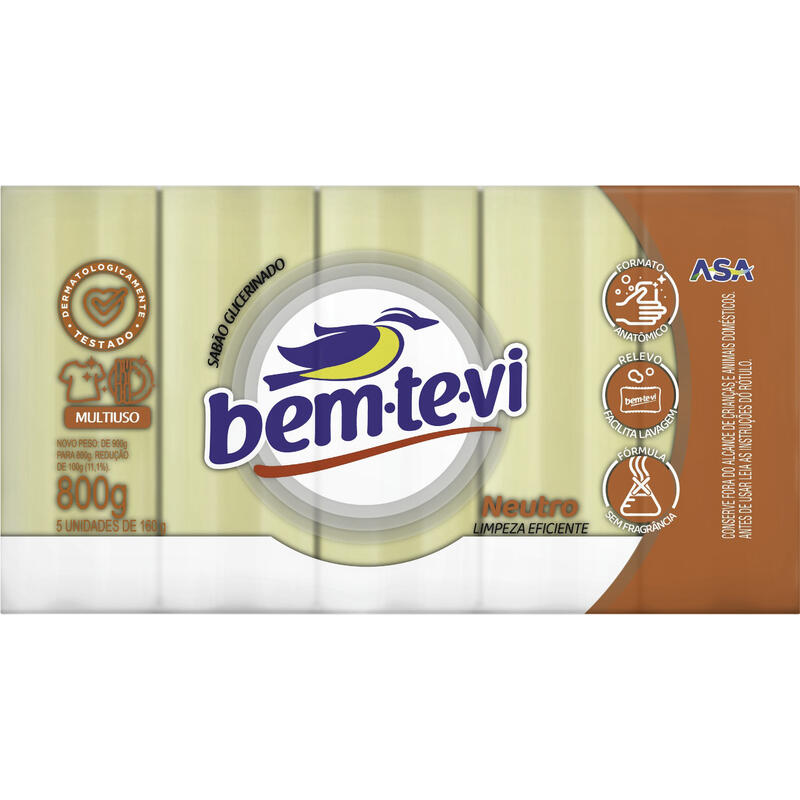 Sabão em Pedaço Bem-te-vi Glicerinado Neutro 5x160g