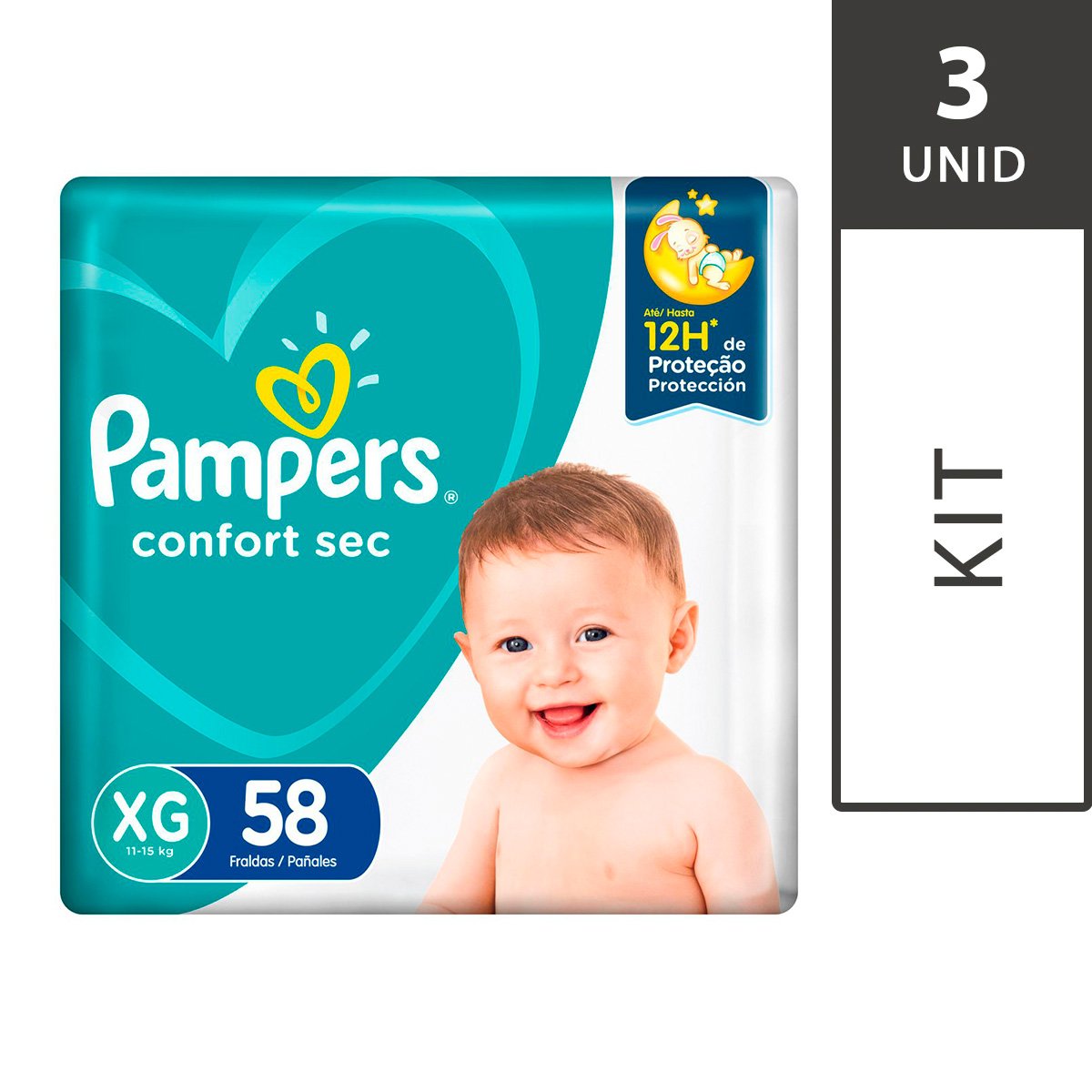 Kit com 3 Fraldas PAMPERS Confort Sec XG Pacote 58 Unidades Cada